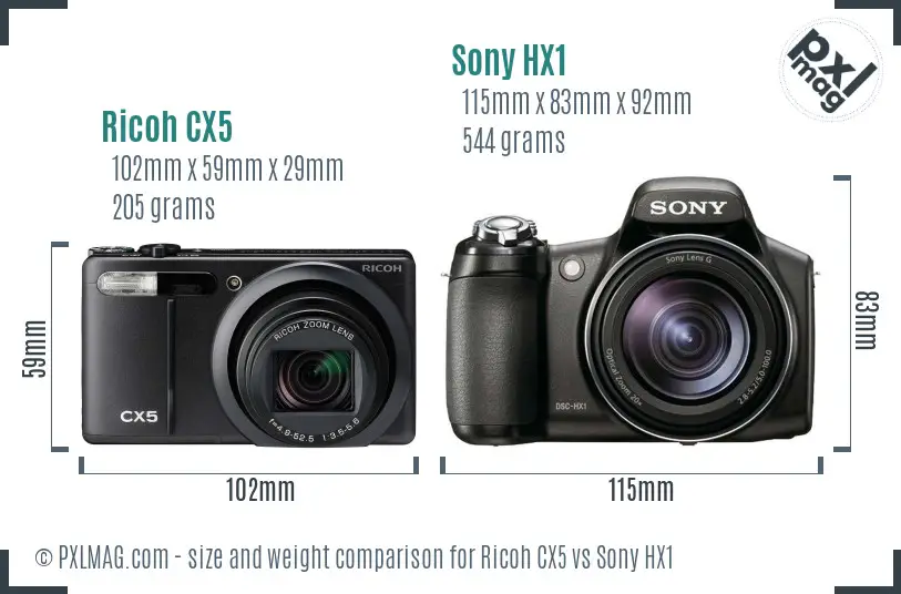 Ricoh CX5 vs Sony HX1 size comparison