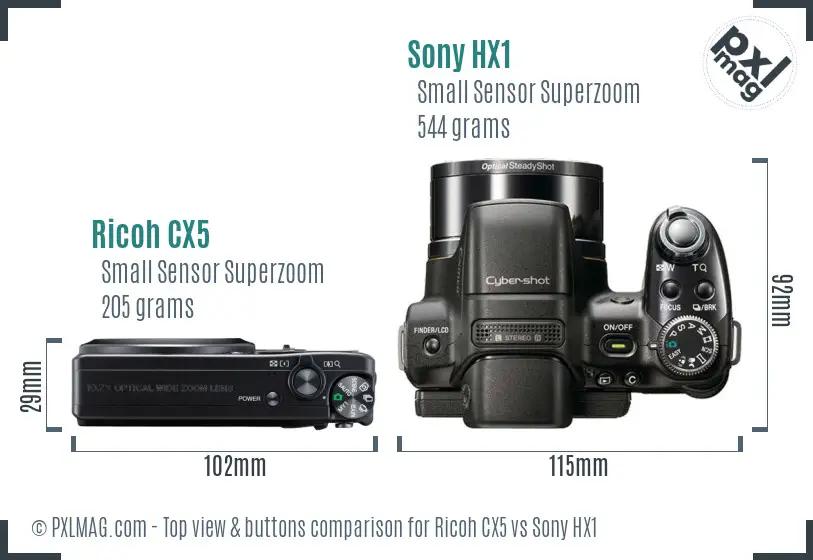 Ricoh CX5 vs Sony HX1 top view buttons comparison