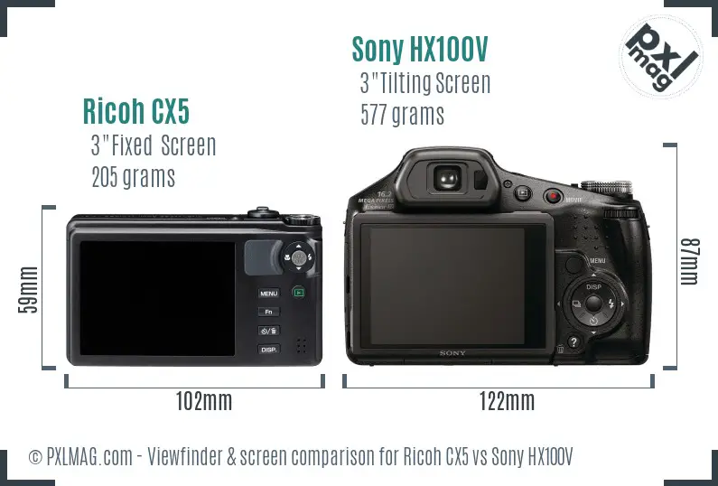 Ricoh CX5 vs Sony HX100V Screen and Viewfinder comparison