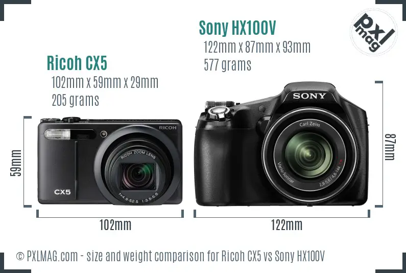 Ricoh CX5 vs Sony HX100V size comparison