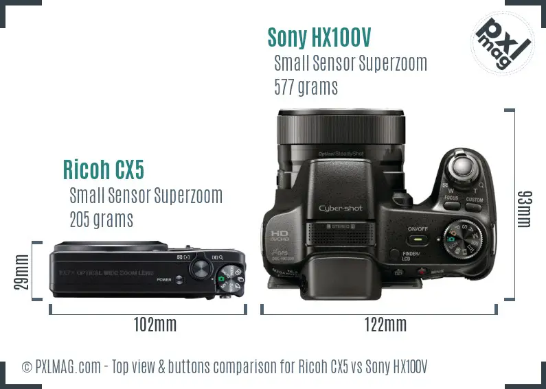 Ricoh CX5 vs Sony HX100V top view buttons comparison