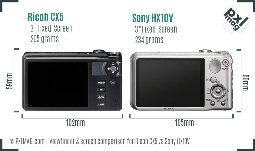 Ricoh CX5 vs Sony HX10V Screen and Viewfinder comparison