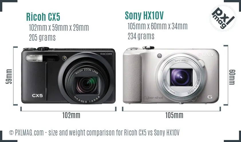 Ricoh CX5 vs Sony HX10V size comparison