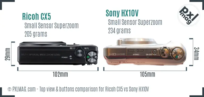 Ricoh CX5 vs Sony HX10V top view buttons comparison