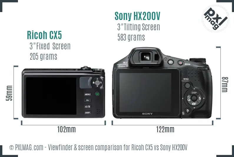 Ricoh CX5 vs Sony HX200V Screen and Viewfinder comparison