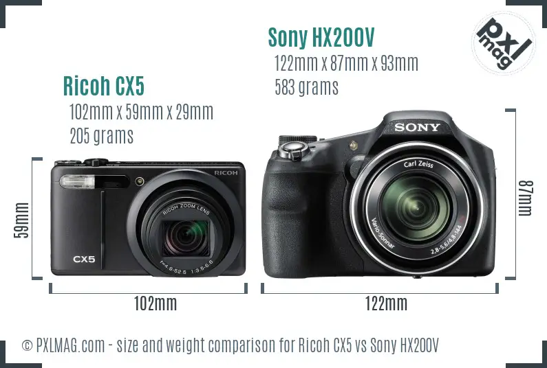 Ricoh CX5 vs Sony HX200V size comparison