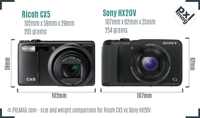 size comparison of Ricoh CX5 and Sony HX20V
