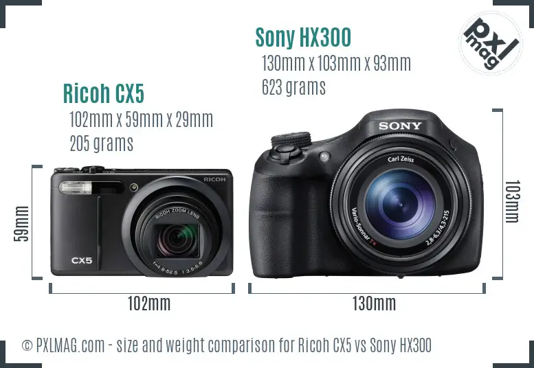 Ricoh CX5 vs Sony HX300 size comparison