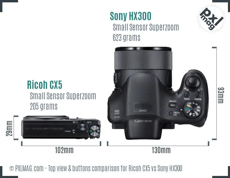 Ricoh CX5 vs Sony HX300 top view buttons comparison