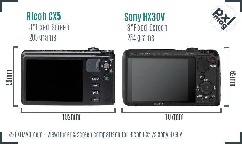 Ricoh CX5 vs Sony HX30V Screen and Viewfinder comparison