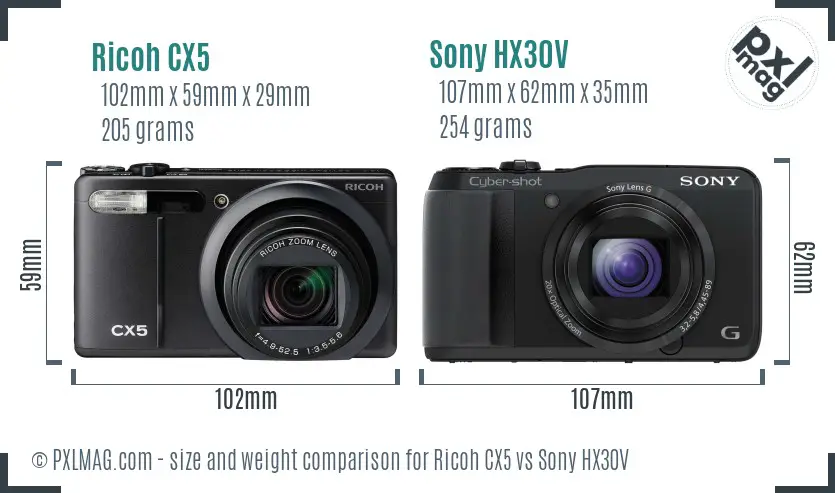 Ricoh CX5 vs Sony HX30V size comparison