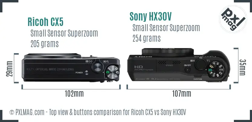 Ricoh CX5 vs Sony HX30V top view buttons comparison