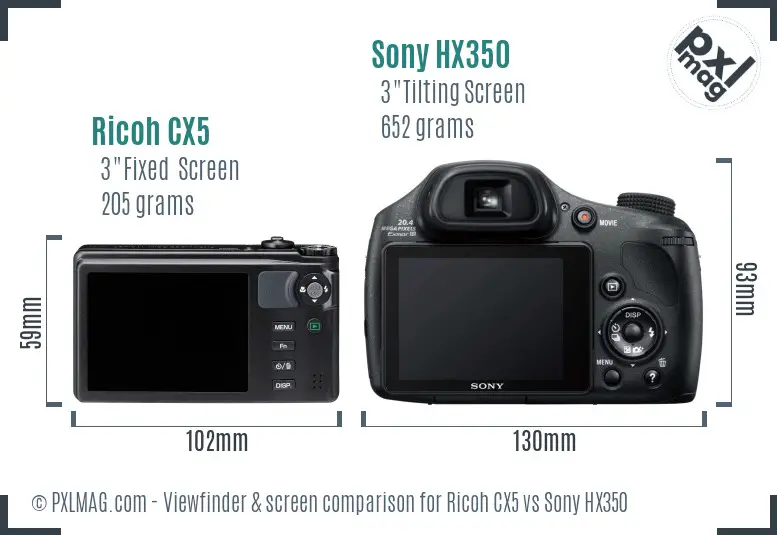 Ricoh CX5 vs Sony HX350 Screen and Viewfinder comparison