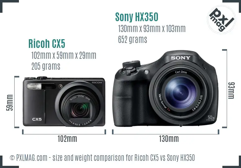 Ricoh CX5 vs Sony HX350 size comparison