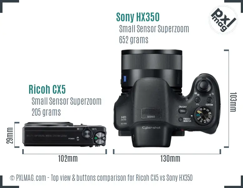 Ricoh CX5 vs Sony HX350 top view buttons comparison