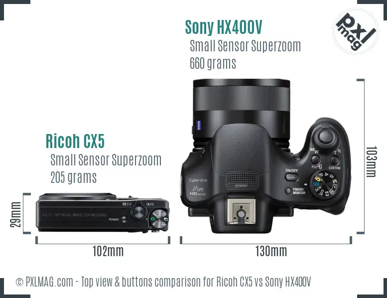 Ricoh CX5 vs Sony HX400V top view buttons comparison Ricoh CX5 vs Sony HX400V top view buttons comparison