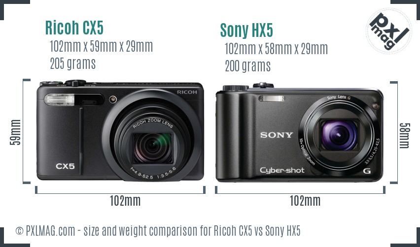 Ricoh CX5 vs Sony HX5 size comparison
