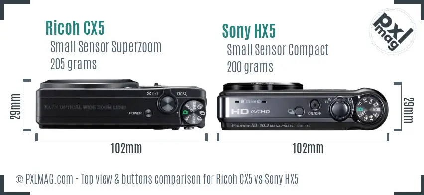Ricoh CX5 vs Sony HX5 top view buttons comparison