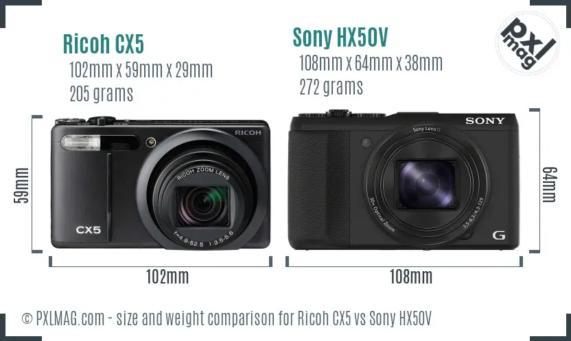 Ricoh CX5 vs Sony HX50V size comparison