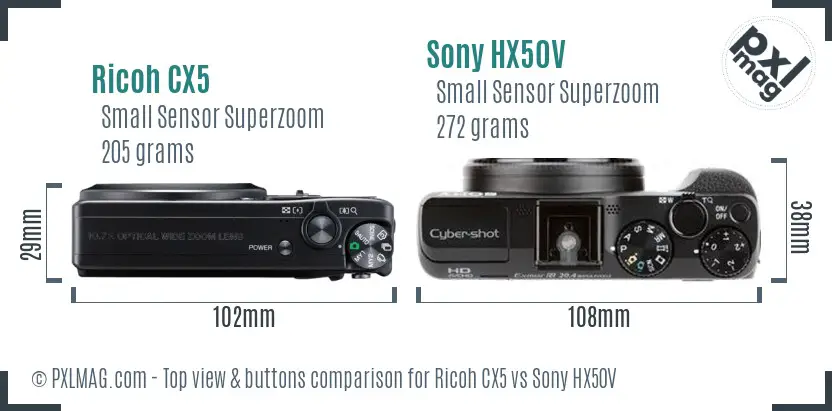 Ricoh CX5 vs Sony HX50V top view buttons comparison