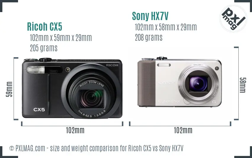 Ricoh CX5 vs Sony HX7V size comparison