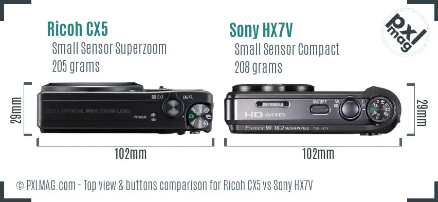Ricoh CX5 vs Sony HX7V top view buttons comparison