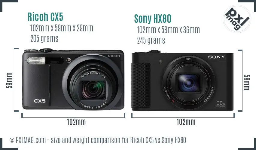 Ricoh CX5 vs Sony HX80 size comparison