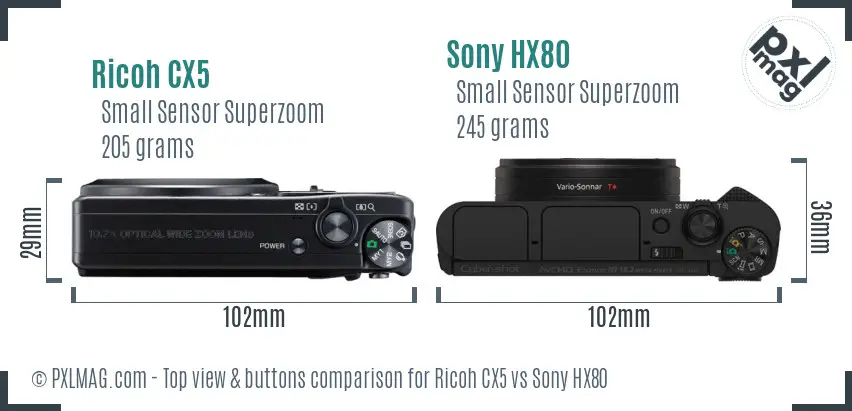 Ricoh CX5 vs Sony HX80 top view buttons comparison