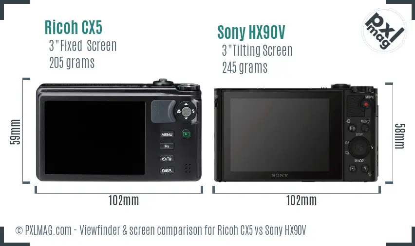 Ricoh CX5 vs Sony HX90V Screen and Viewfinder comparison