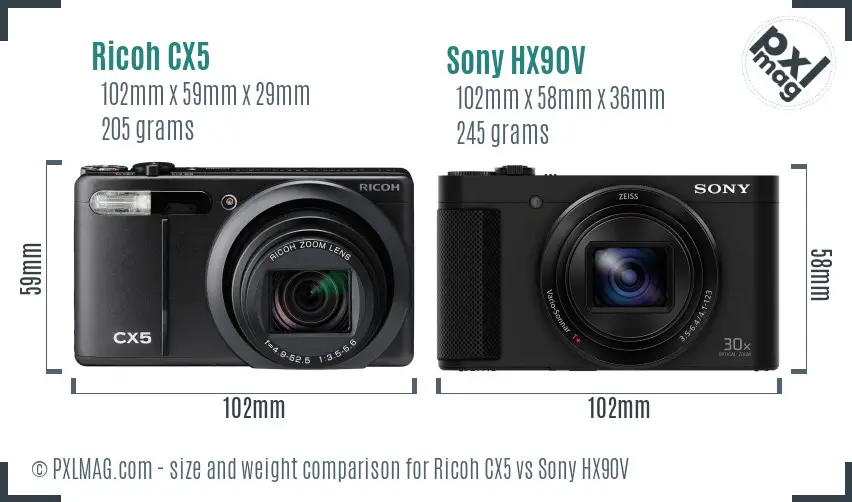 Ricoh CX5 vs Sony HX90V size comparison