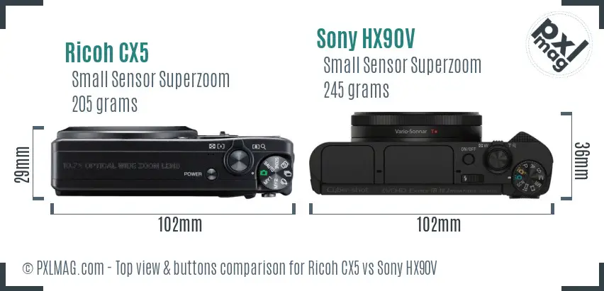 Ricoh CX5 vs Sony HX90V top view buttons comparison