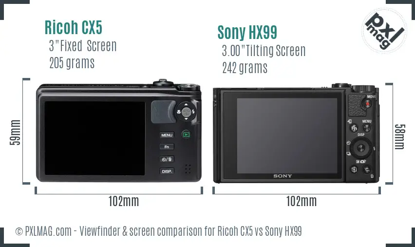 Ricoh CX5 vs Sony HX99 Screen and Viewfinder comparison