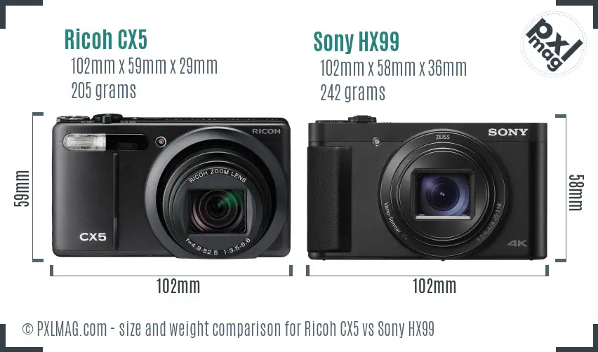 Ricoh CX5 vs Sony HX99 size comparison