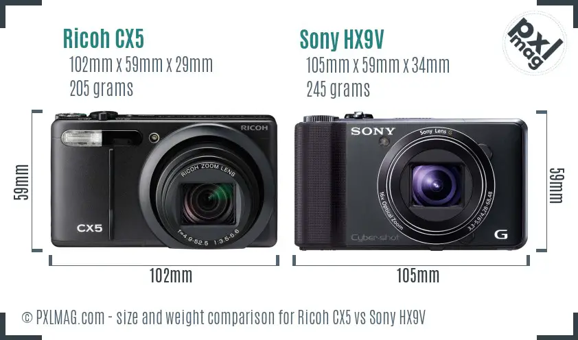 Ricoh CX5 vs Sony HX9V size comparison Ricoh CX5 vs Sony HX9V size comparison