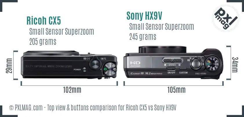 Ricoh CX5 vs Sony HX9V top view buttons comparison Ricoh CX5 vs Sony HX9V top view buttons comparison