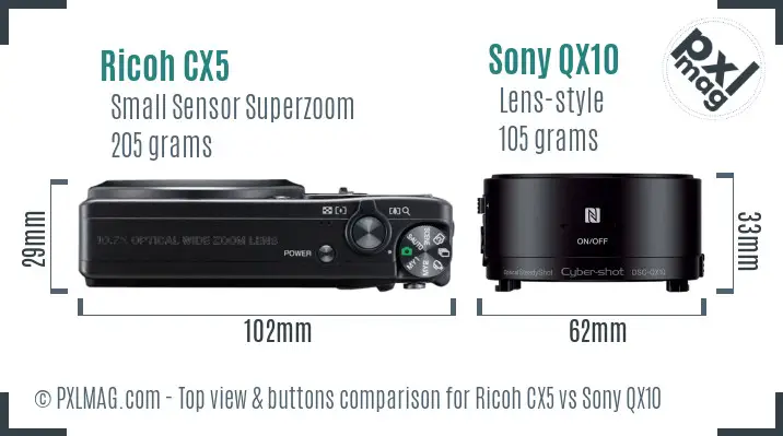 Ricoh CX5 vs Sony QX10 top view buttons comparison Ricoh CX5 vs Sony QX10 top view buttons comparison