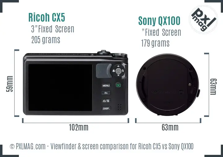 Ricoh CX5 vs Sony QX100 Screen and Viewfinder comparison