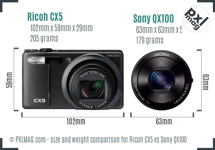 Ricoh CX5 vs Sony QX100 size comparison