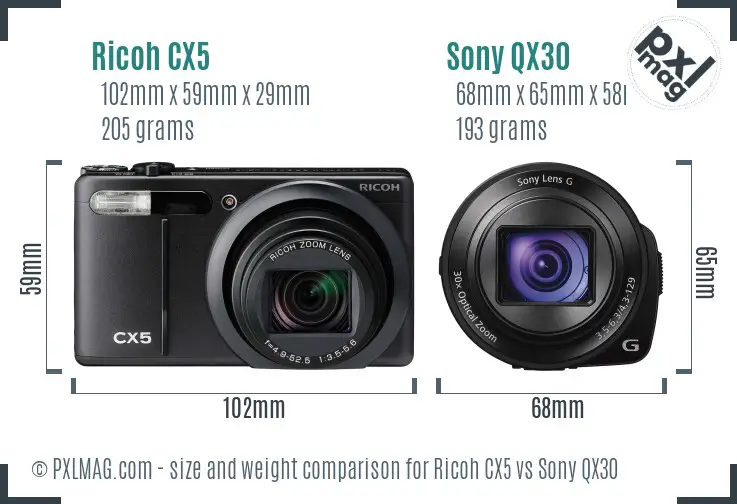 Ricoh CX5 vs Sony QX30 size comparison