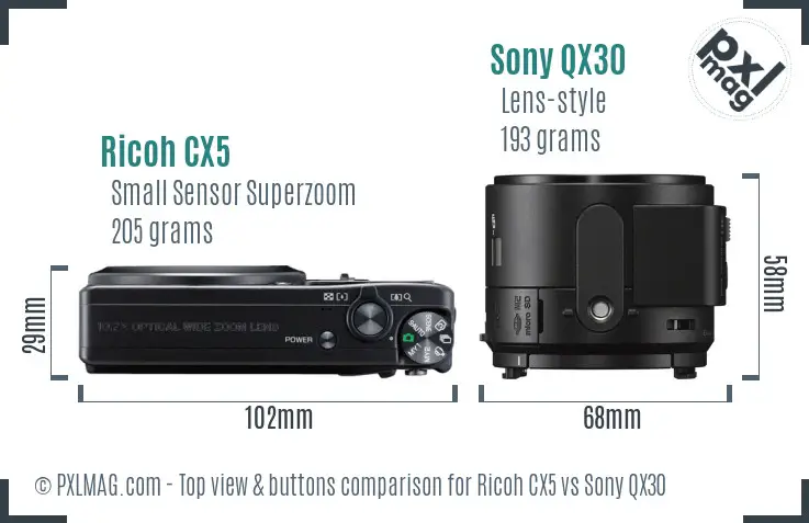 Ricoh CX5 vs Sony QX30 top view buttons comparison