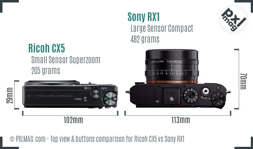 Ricoh CX5 vs Sony RX1 top view buttons comparison