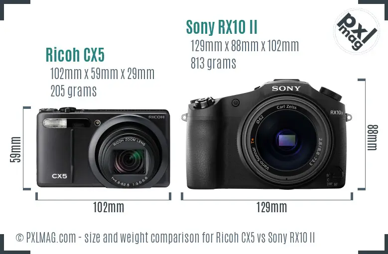 Ricoh CX5 vs Sony RX10 II size comparison