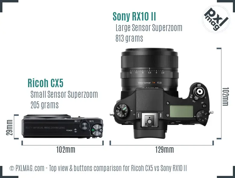 Ricoh CX5 vs Sony RX10 II top view buttons comparison