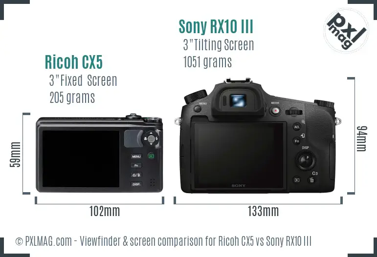 Ricoh CX5 vs Sony RX10 III Screen and Viewfinder comparison
