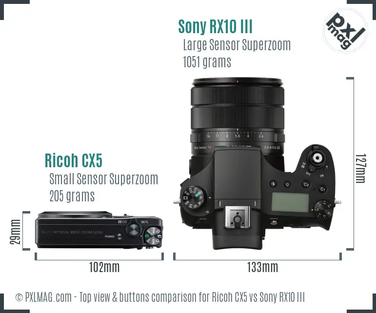 Ricoh CX5 vs Sony RX10 III top view buttons comparison