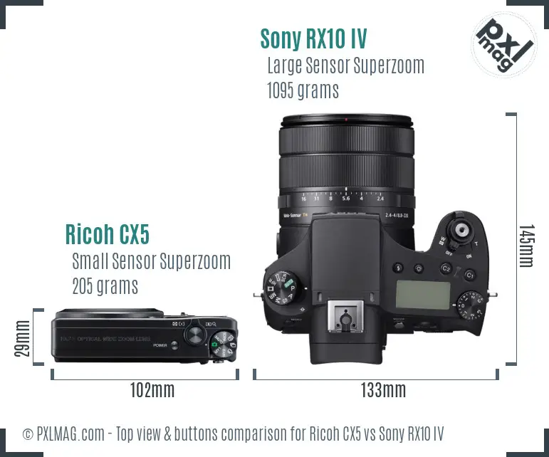 Ricoh CX5 vs Sony RX10 IV top view buttons comparison Ricoh CX5 vs Sony RX10 IV top view buttons comparison