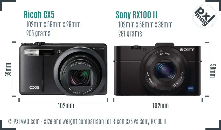 Ricoh CX5 vs Sony RX100 II size comparison