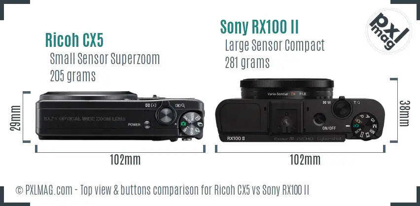 Ricoh CX5 vs Sony RX100 II top view buttons comparison
