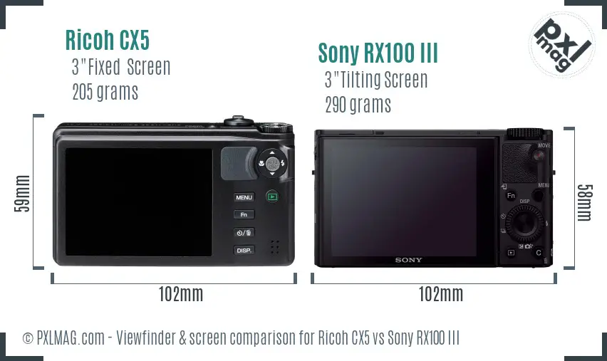 Ricoh CX5 vs Sony RX100 III Screen and Viewfinder comparison