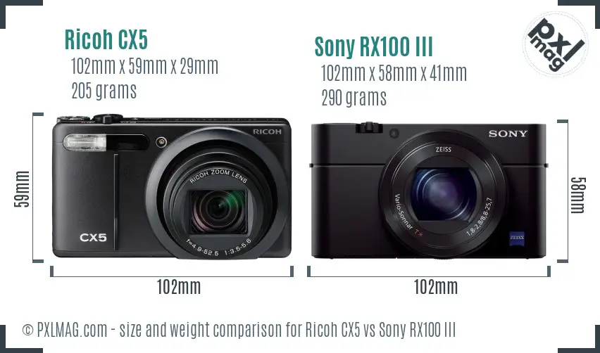 Ricoh CX5 vs Sony RX100 III size comparison